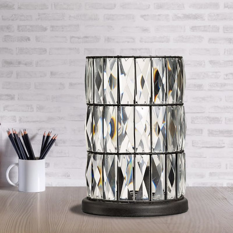 1 Bulb Night Light Modern Barrel Crystal Night Table Lamp for Sleeping Room in Black