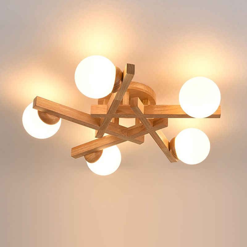 Nordic Flush Mount Globe Ceiling Light Fixture with Wood and Glass for Bedroom