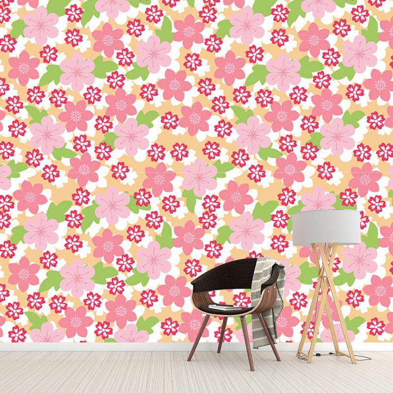 Contemporary Florets Wall Murals in Pink and Green Bedroom Wall Covering, Made to Measure