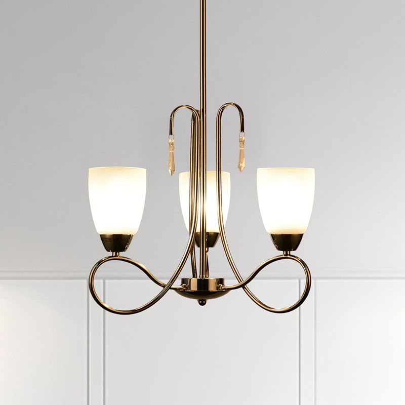 Bell Kronleuchter Lampen Flur 3 Köpfe zeitgenössisches weißes Glashängellicht mit Kristall -Deco in Silber