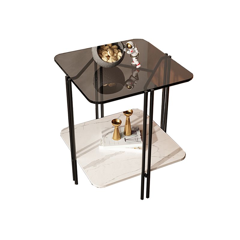 Modern Gray Glass Side End Table 4 Legs Double Tier Corner Table