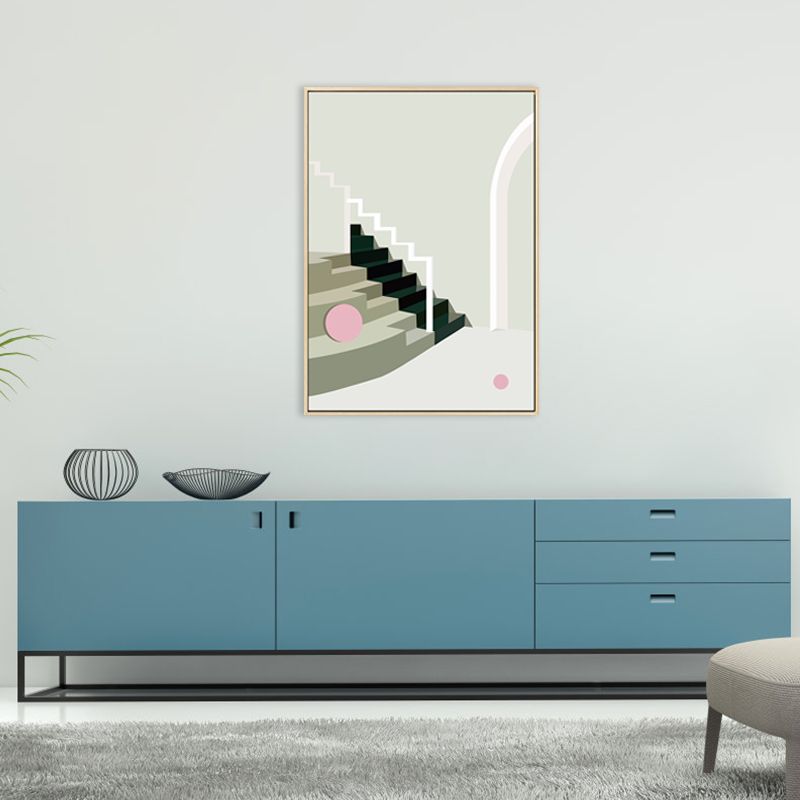 Nordic Style Indoor Staircase Painting in Soft Color Textured Canvas for Dining Room