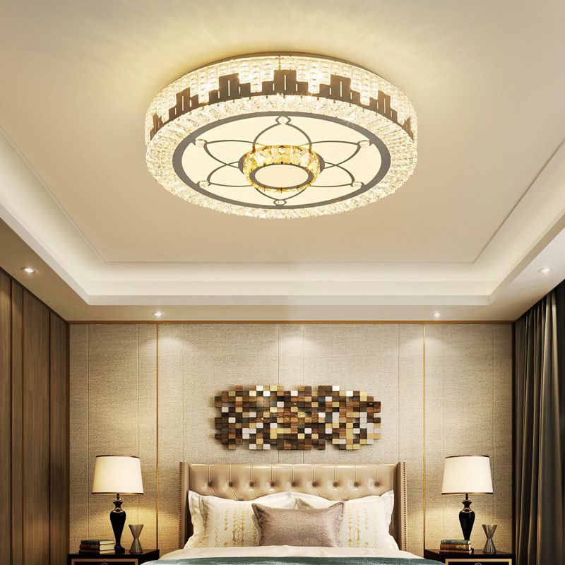 Silver Circular LED Flush Mount in Modern Luxury Style Wrought Iron Ceiling Light with Crystal Shade
