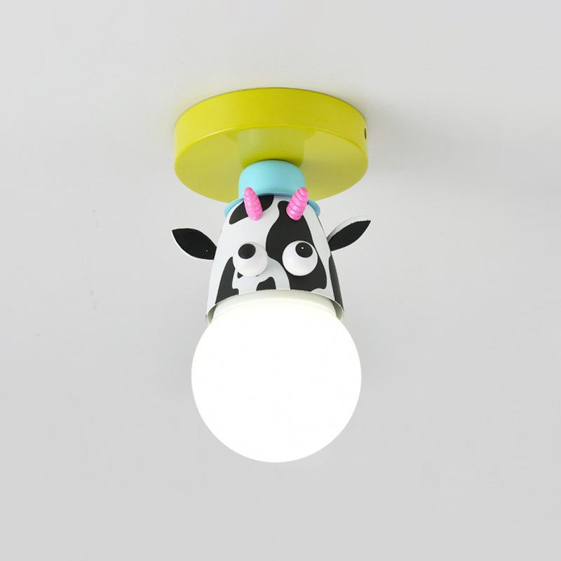 Single Bulb Bedroom Semi-Flush Mount Lighting Kids Yellow Ceiling Lamp with Giraffe / Monkey / Tiger Metal Shade