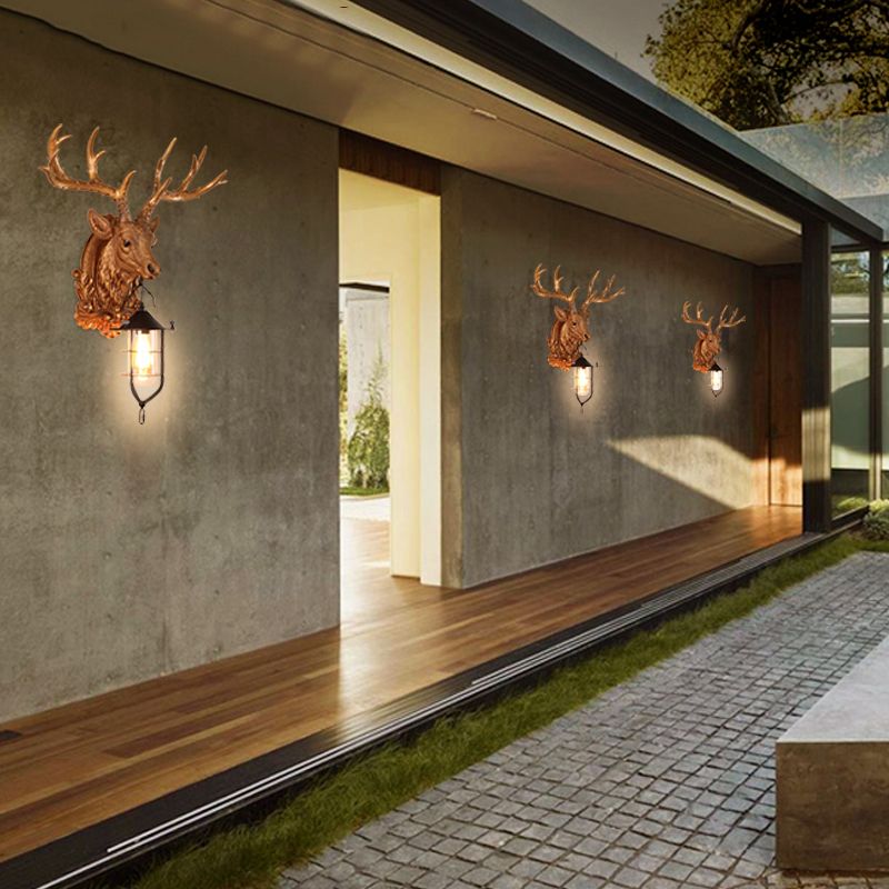 1-Light Resin Wall Light Sconce Rural Brown Elk Head Courtyard Wall Lamp Fixture with Cage
