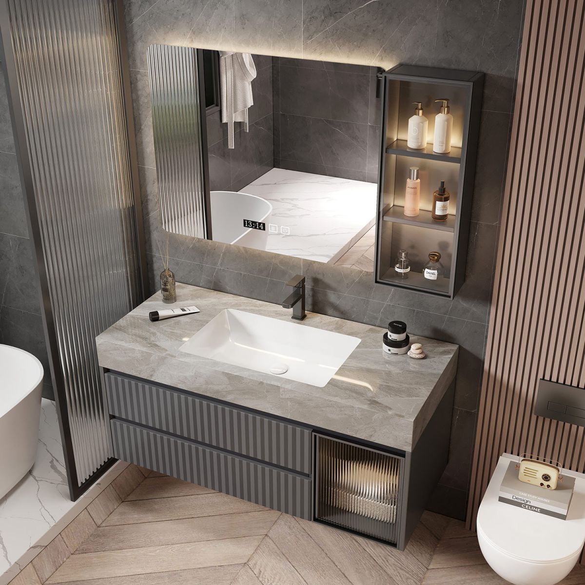 Mirror Bathroom Vanity Wall Mount Single Sink 2 Drawers Wood Frame Rectangle Vanity