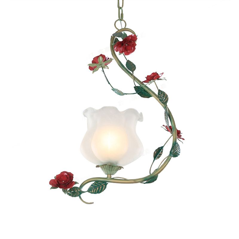 Romantic Pastoral Flower Pendant 1 Light White Glass Hanging Ceiling Light with Metal Curvy Arm