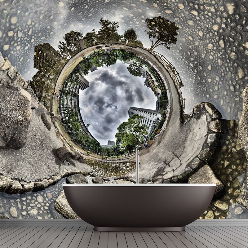 Well to Future City Mural Brown Modern Style Wall Art for Living Room, Made to Measure