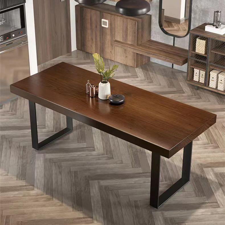 Brown Solid Wood Top Table Rectangle Black Iron Sled Base Dining Table