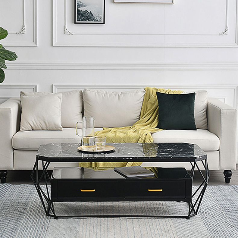 Modern Frame Coffee Cocktail Table Rectangular Glass Top Cocktail Table with Drawer