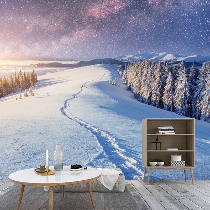 Big Snowy Cypress Road Mural Stain-Resistant Nordic Living Room Wall Art in Blue