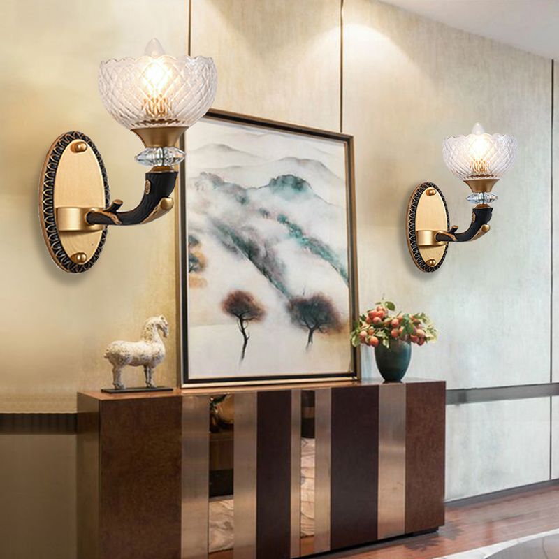 Luz de pared de tazón de vidrio prismático transparente estilo retro 1/2 bulbos salón de dibujo lámpara de pared en ángulo negro y dorado