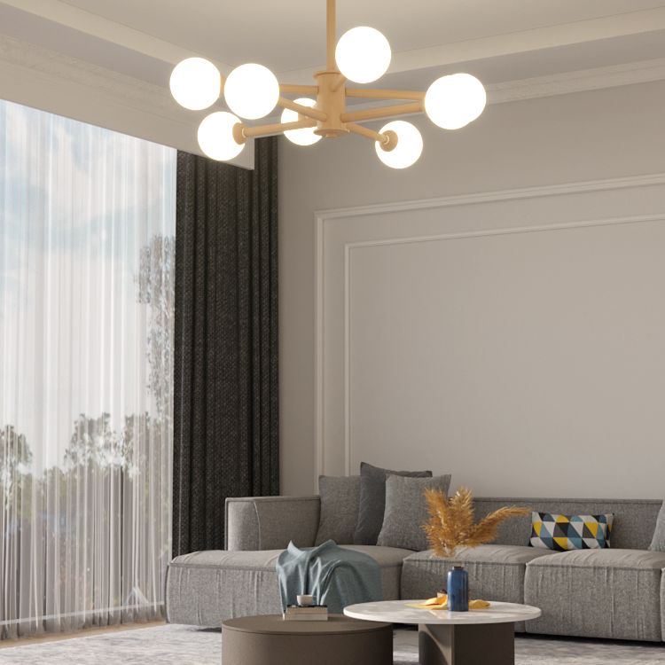 Beige Solid Wood Hanging Light Simplicity Modern Style White Frosted Glass Shade Chandelier Lamp for Living Room Bedroom