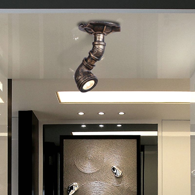 1 Light Metal Semi Flush Light Rustic Industrial Antique Brass Water Pipe Hallway Ceiling Mounted Light