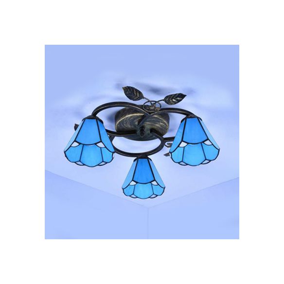 Geometric Ceiling Light Fixture with Pattern Tiffany Stained Glass 3 Lights Flushmount Ceiling Light in Bronze