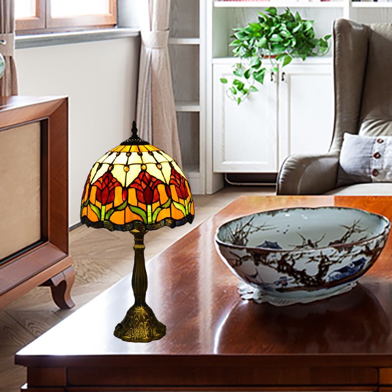 Flower Stain Glass Table Lamp Tiffany Style 1 Light Brass Nightstand Light for Bedroom