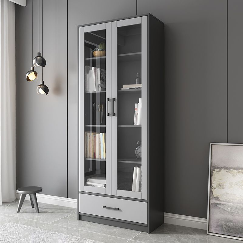 Faux Wood Modern Storage Cabinet Glass Doors Display Cabinet with Drawer for Living Room