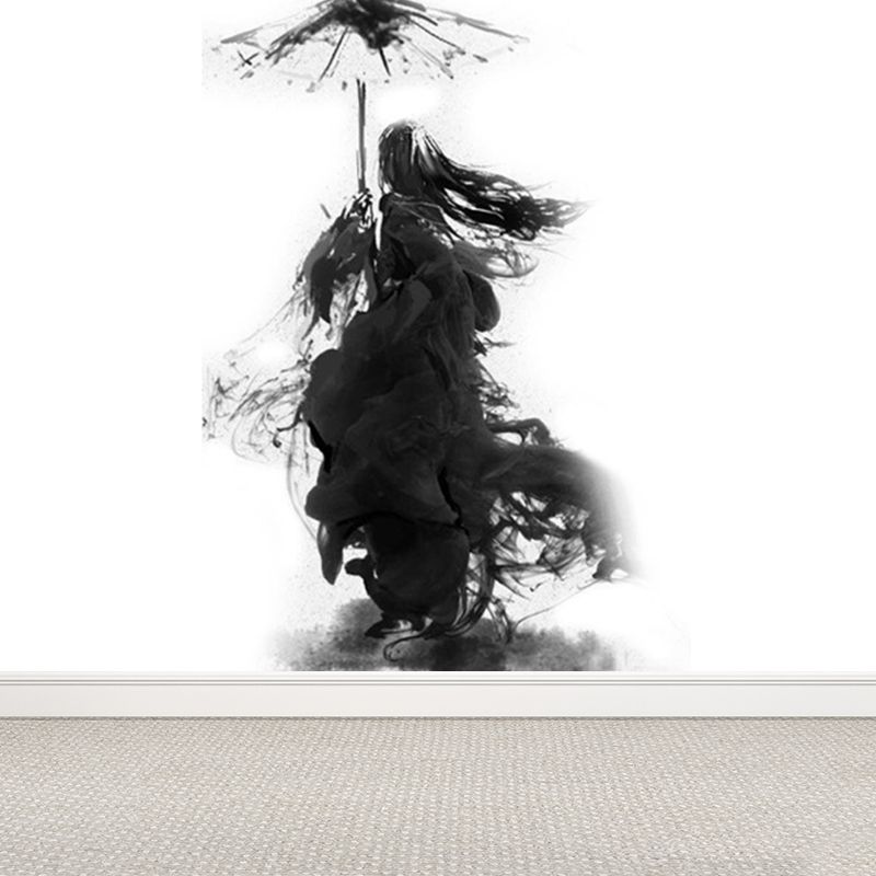 Black Modern Mural Wallpaper Huge Swordsman Portrait Wall Covering for Guest Room