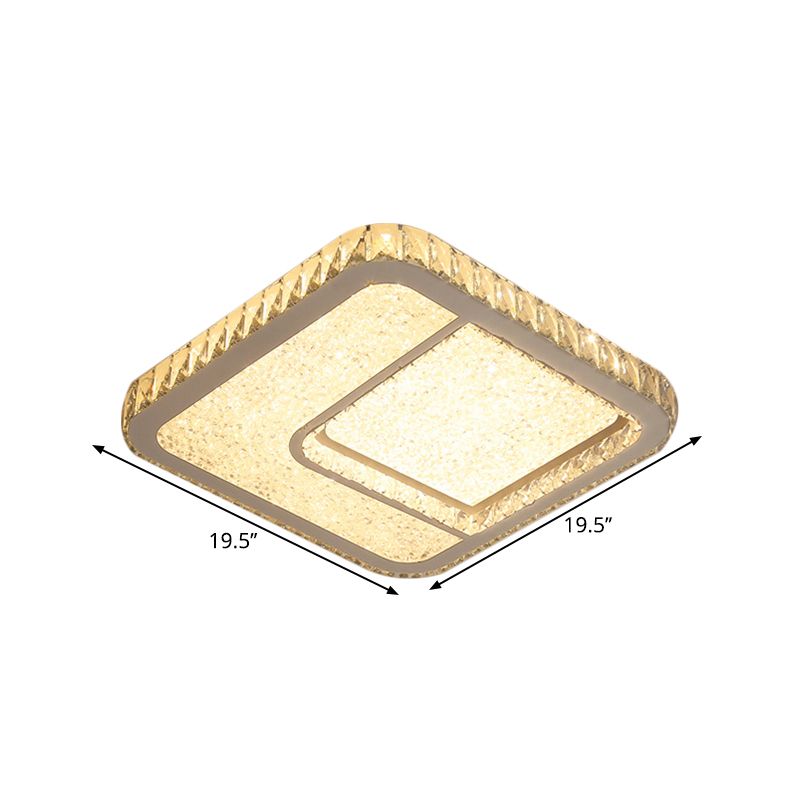 LED Parlor Flushmount Lighting Modernist Chrome Ceiling Fixture with Square Faceted Crystal Shade in Warm/White Light