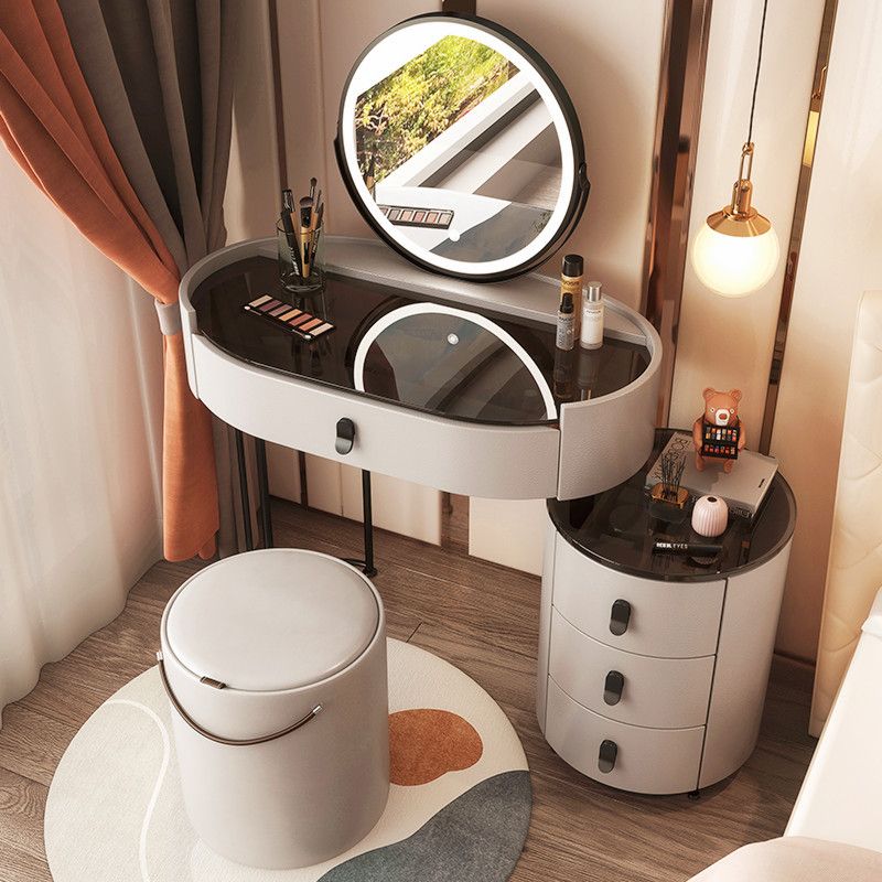 Glass Top Makeup Vanity Desk Lighted Mirror Vanity Dressing Table Set