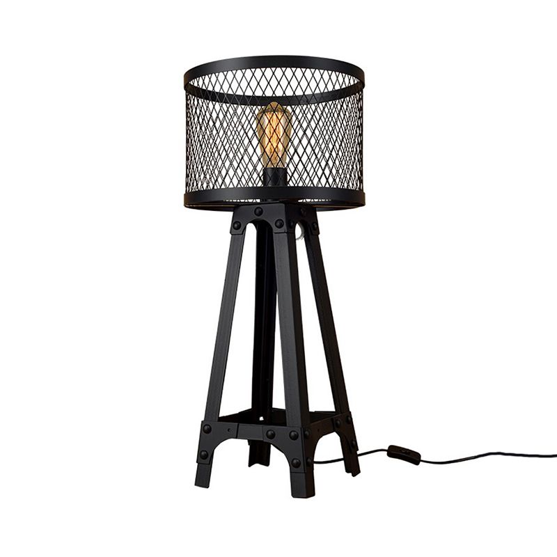 Drum Mesh Metal Shade Table Lighting Retro Stylish 1 Light Farmhouse Standing Floor Light with Tripod Design in Black