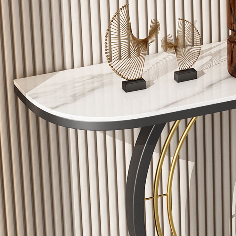 Modern Conole Table with Stone Half Moon Top and Black Pedestal Base