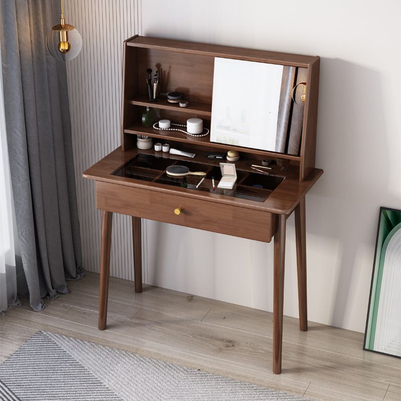 Mirrored Wood Makeup Dressing Table Stool Set in Natural/Walnut Finish