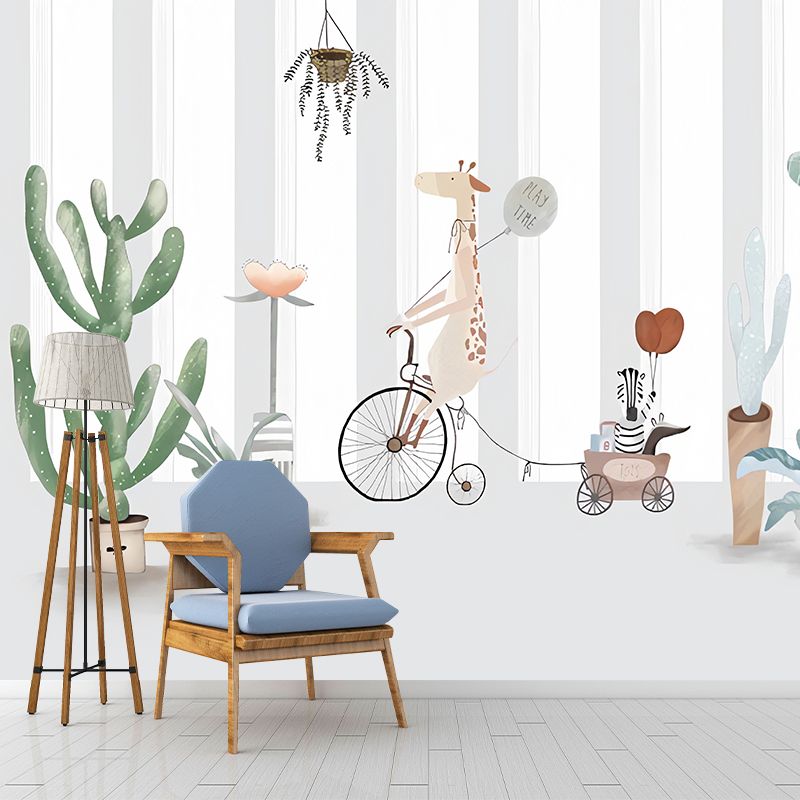 Cute Cactus Mural Wallpaper for Children's Bedroom, Green and Grey, Personalized Size Available