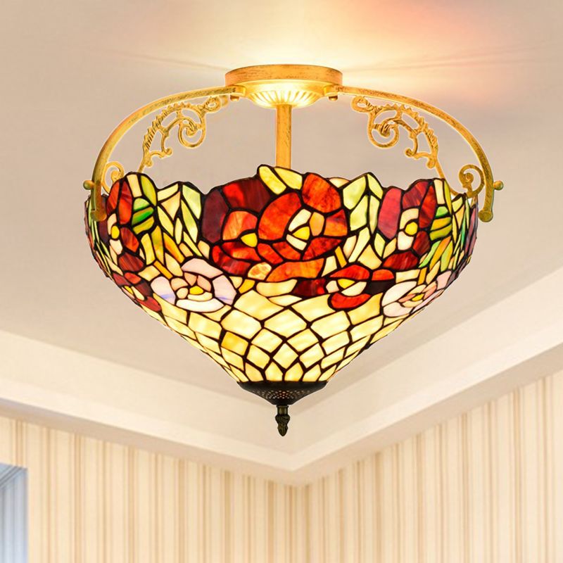 Blossom Stained Glass Semi Flush Light Fixture Tiffany 3 Lights Yellow Ceiling Lighting