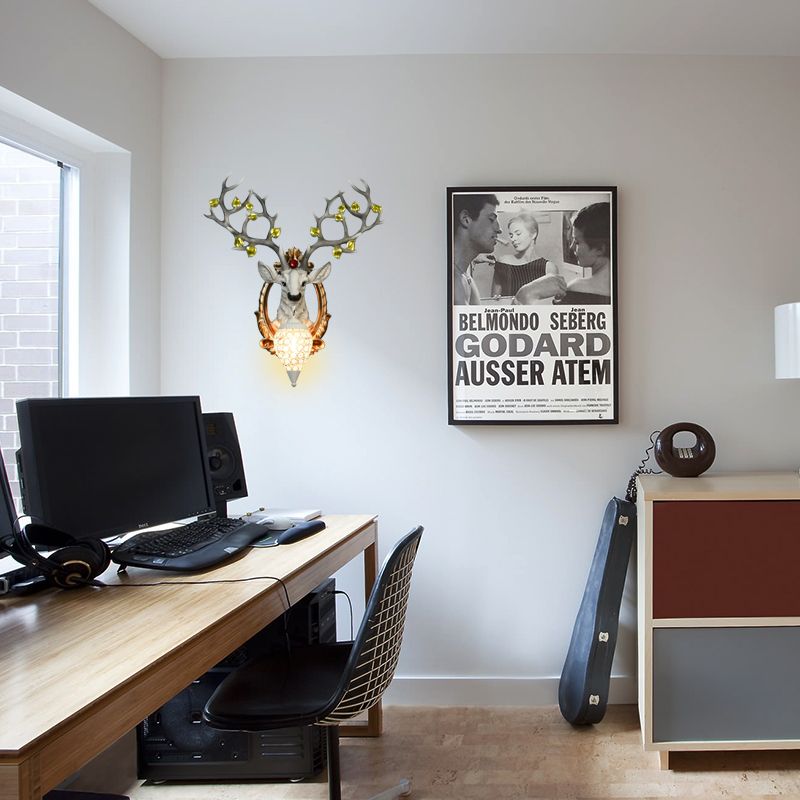 Lampe murale de chambre à coucher de cerf résine vintage 19,5 "/ 23" W 1 luminaire d'éclairage d'applications blanc / jaune clair avec de la teinte en cristal de larme