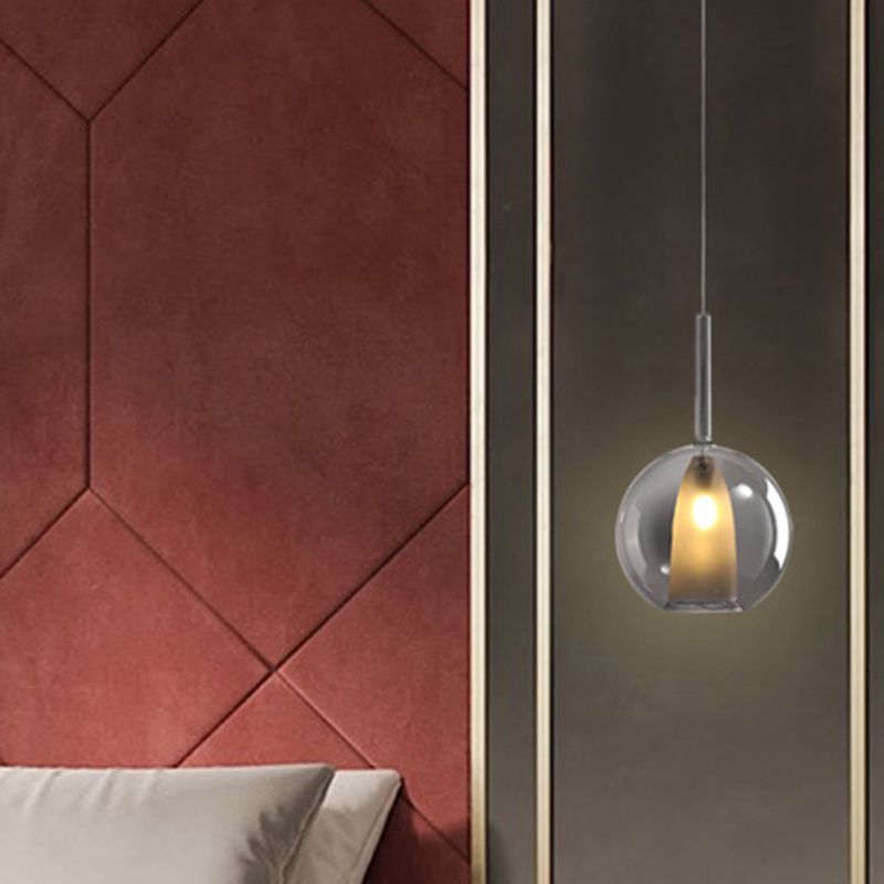 Spherical Hanging Lighting Modernism Smoke Gray/Clear Glass 1 Bulb Ceiling Pendant Light, 6"/7" Wide