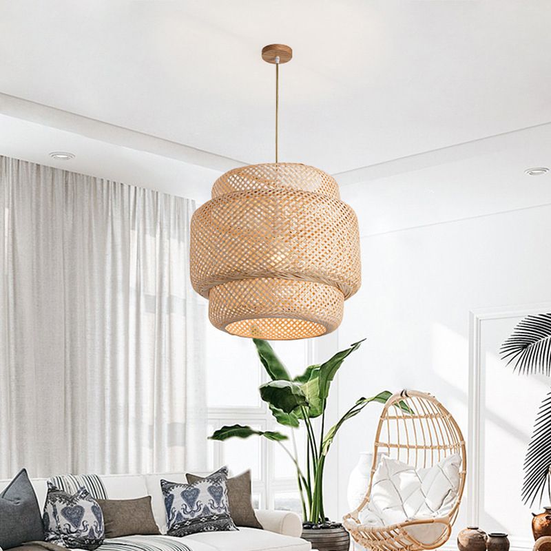 Lantern Bambus Rattan Form Anhänger Hängende Lampe Asien Stil 1 Licht hängende Deckenleuchte für Wohnzimmer