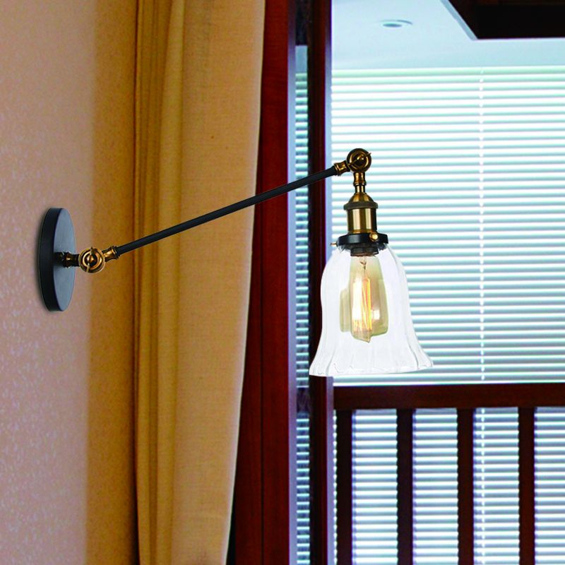 Black/Bronze/Brass 1 Light Wall Lighting Fixture Vintage Clear Glass Bell Sconce with Arm, 8"/12" Long