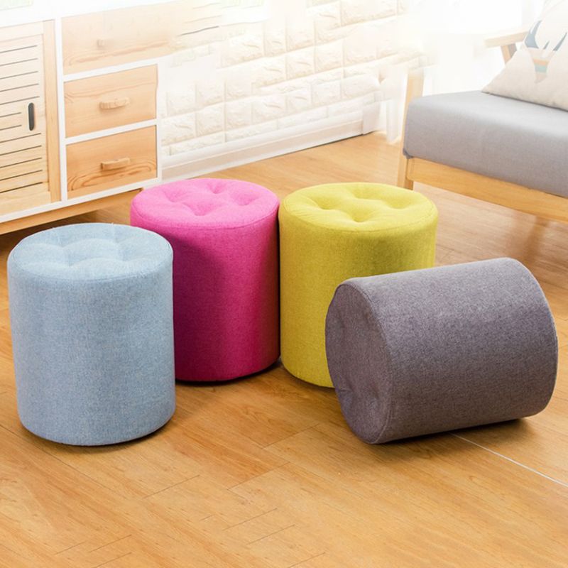 Contemporary Pouf Ottoman Fabric Upholstered Tufted Solid Color Cylinder Shape Ottoman