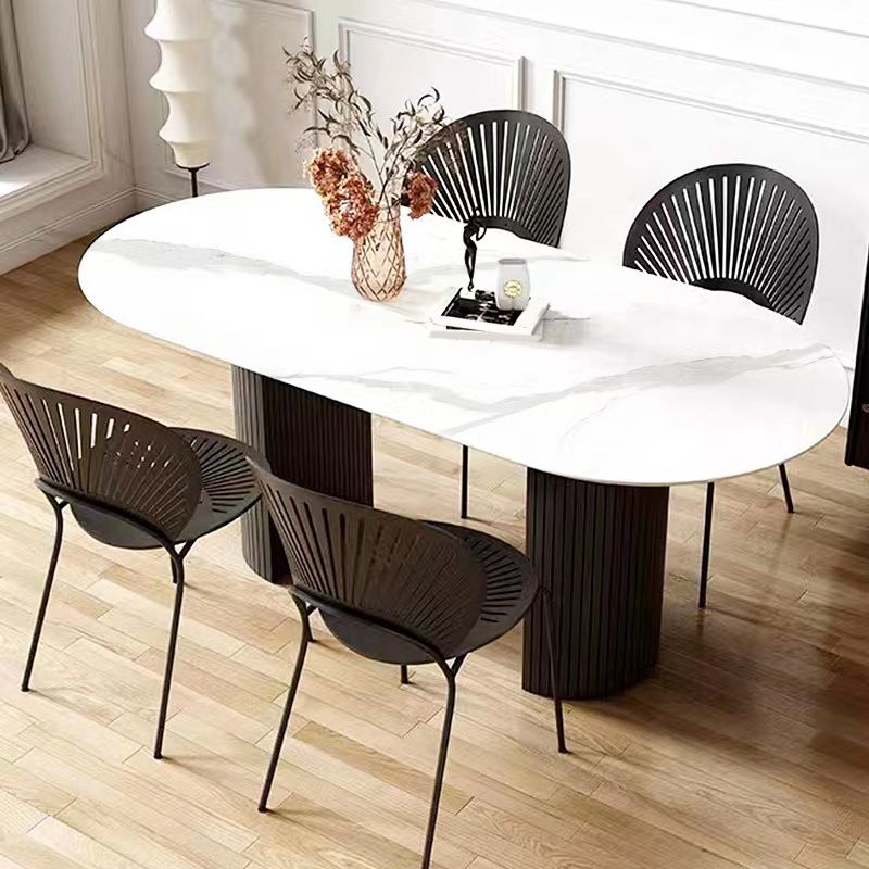 Luxury Sintered Stone Top Table Oval White Table with Black Double Pedestal