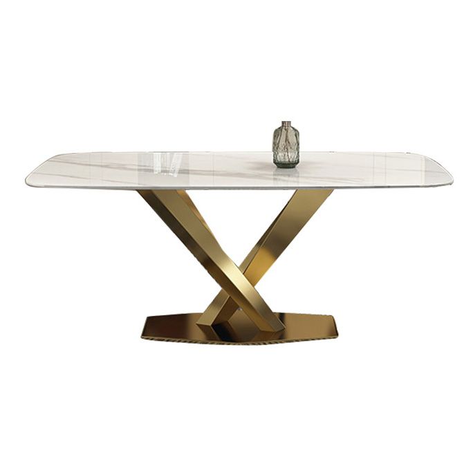Rectangle Traditional Luxury Dining Table White Sintered Stone Table with Metal Pedestal Base