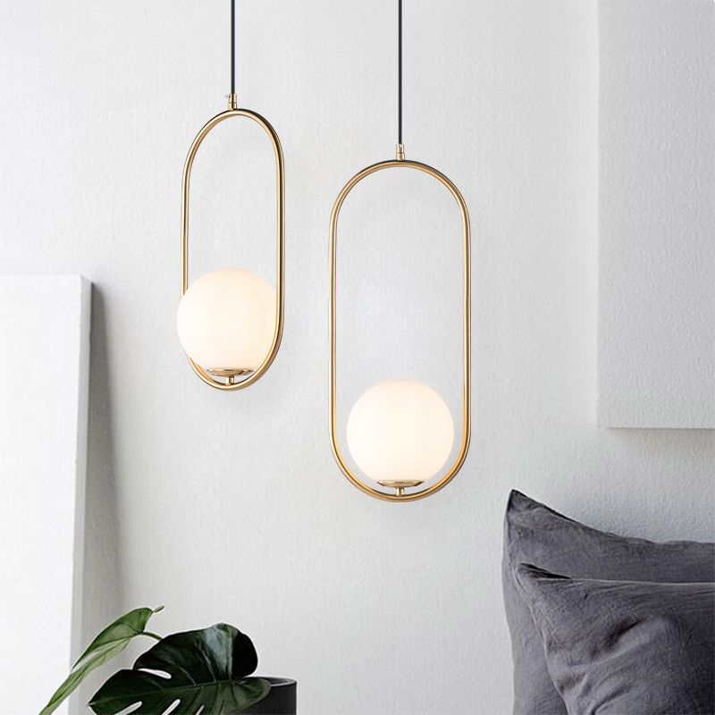 Nordic Modern Opal Frosted Glass Pendant Light Spherical Suspension Light  with Elliptical Metal  Ring for Dining Room