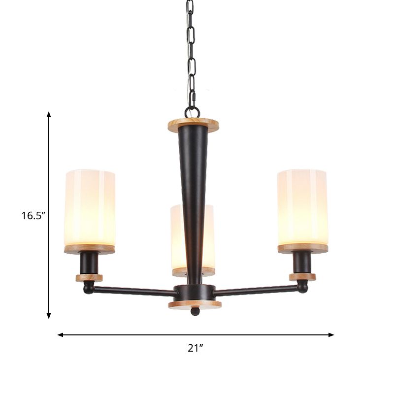 Traditionele cilindrische hanger kroonluchter 3/5/6 koppen wit glas radiaal hangend plafondlicht in zwart