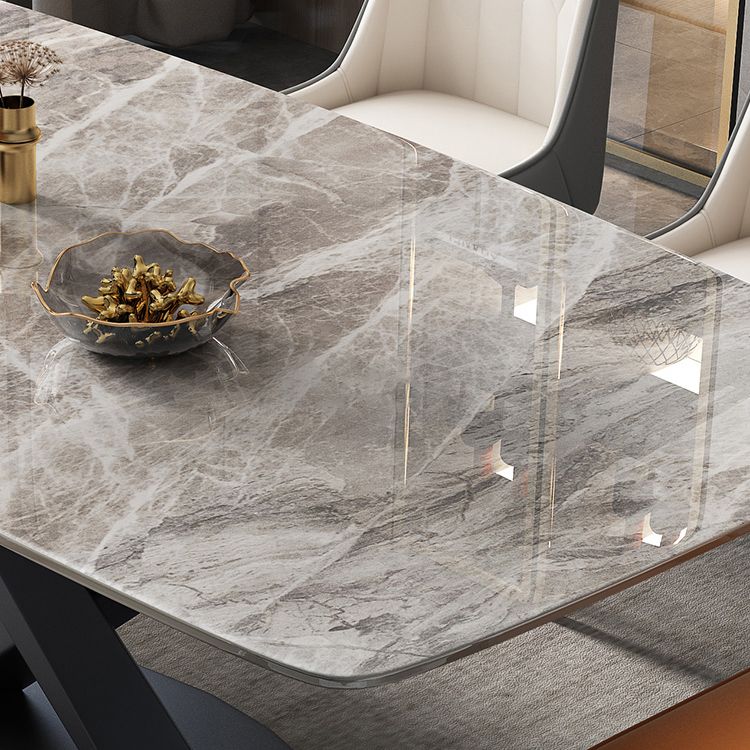 Modern Rectangular Grey Stone Top Dining Table with Black Steel Base