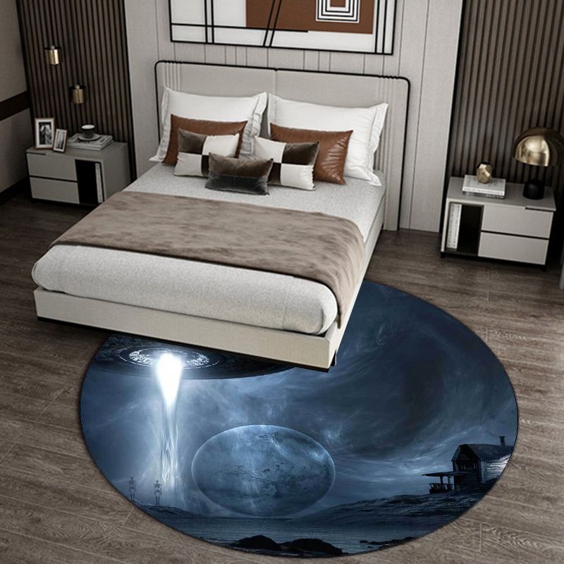 Blue Bedroom Rug Modern Outer Space Spaceship Pattern Area Rug Polyester Machine Washable Carpet