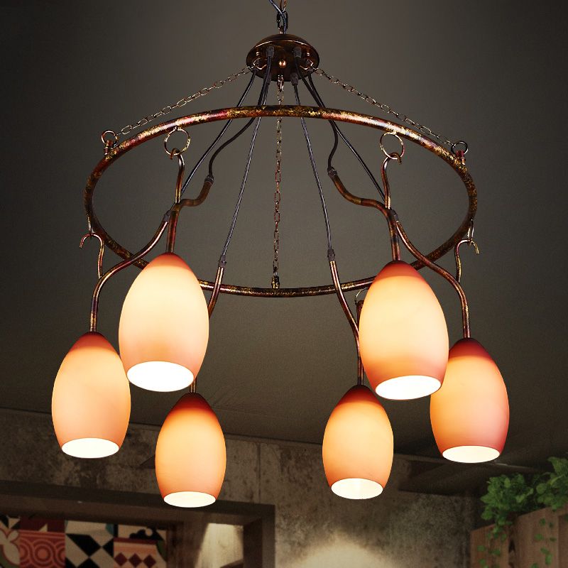 Circular Purple Glass Ceiling Lamp Traditional 6-Head Restaurant Chandelier Pendant Light