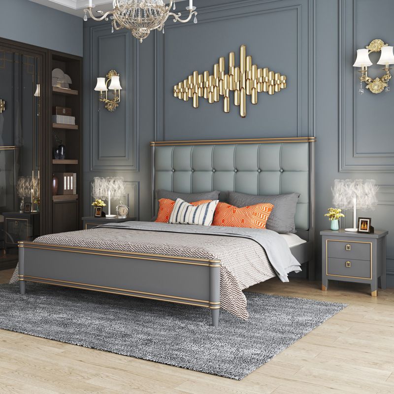 Modern Standard Bed with Tufted Upholstered Headboard and Soild Wood Legs