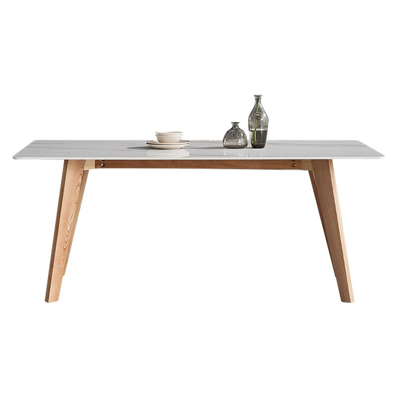 Rectangle Contemporary Dining Room Table White Sintered Stone Table with Ash Solid Wood Base