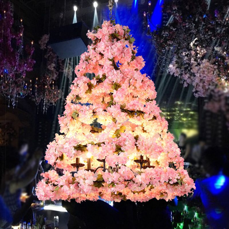Pink Blooming Christmas Tree Chandelier Rustic Metallic Wine Club LED Pendant Light