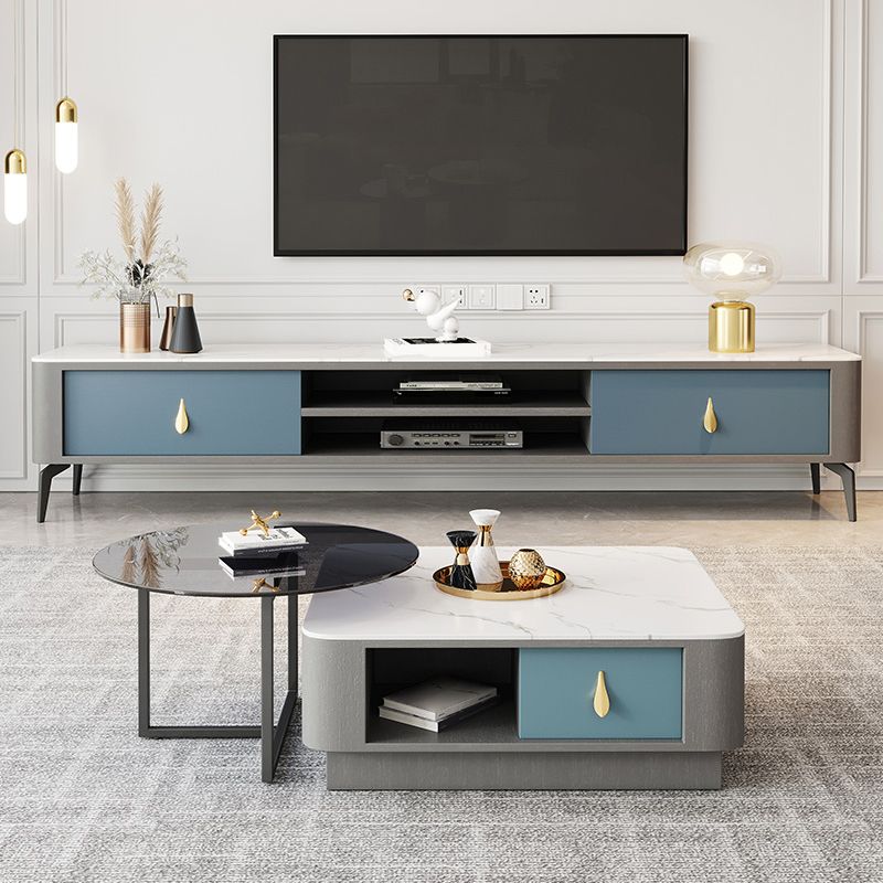 Contemporary Stone TV Stand Console with Shelf for Living Room