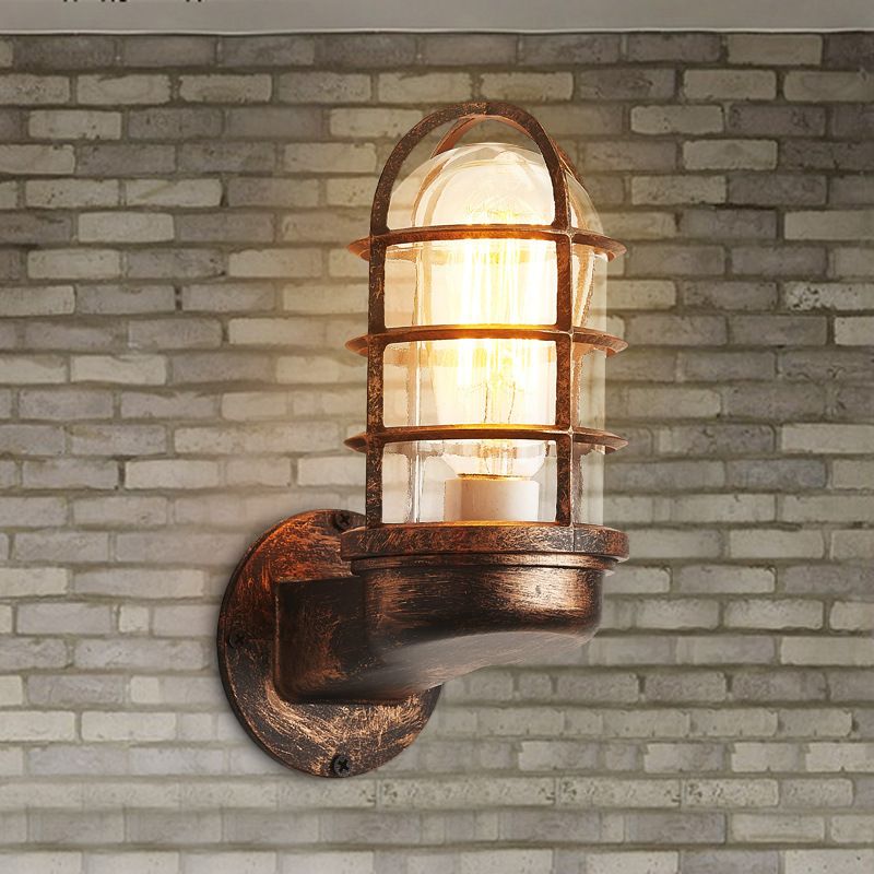 Half-Capsule Caged Glass Wall Lamp Industrial 1 Bulb Bathroom Sconce Lighting Fixture