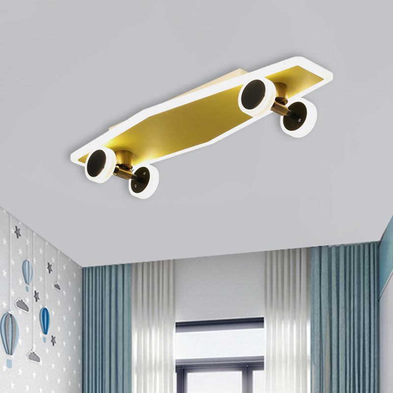 Acrylic Skateboard Ceiling Flush Kids LED Gold Flush Mount Light Fixture for Boys Bedroom