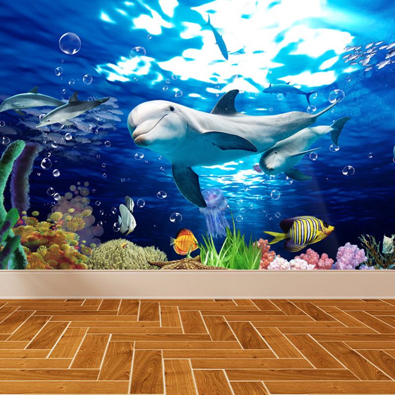 Kids Undersea World Mural Wallpaper Blue Aquarium Wall Covering for Child Bedroom