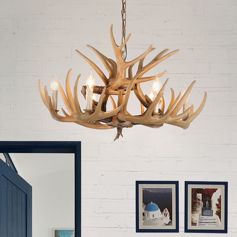 Antler Living Room Hanging Lamp Traditional Resin 4/6 Bulbs Brown Adjustable Chandelier Pendant Light