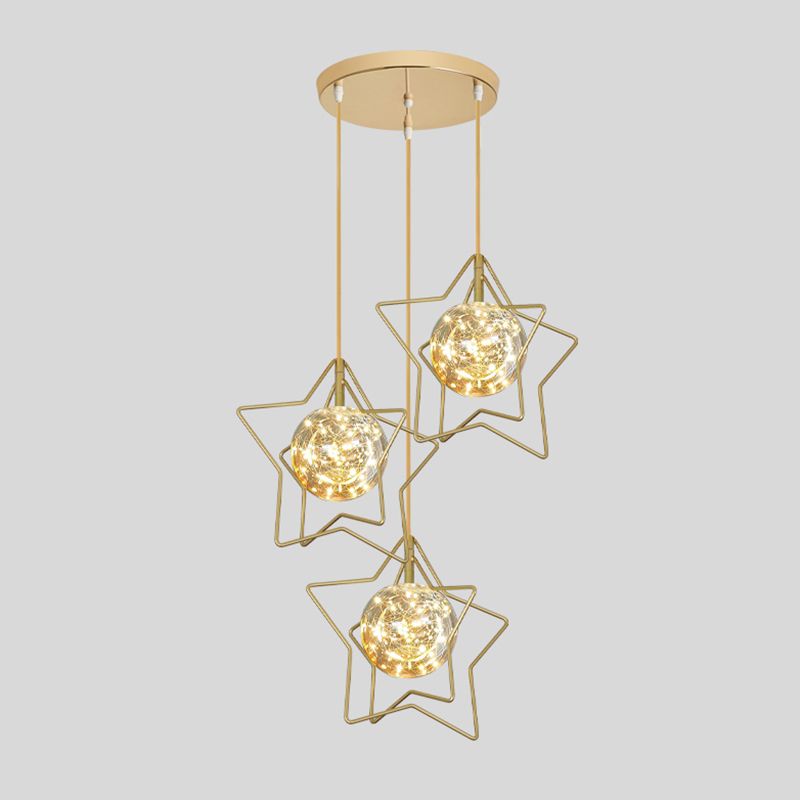 Gold Star and Ball Cluster Custpant Designer 3 teste a LED LED in vetro trasparente per il ristorante